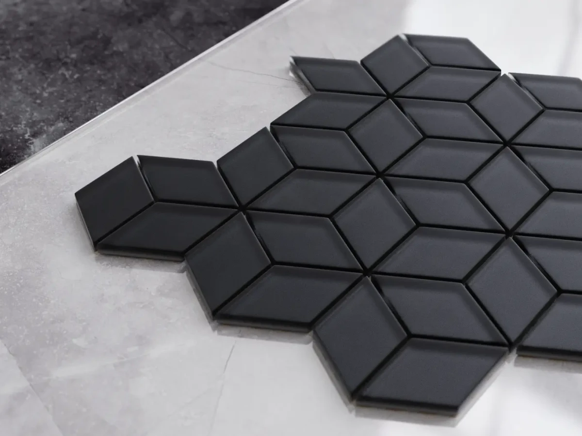 MOZAIKA SZKLANA ROMB DIAMOND CZARNA NERO SOFT BLACK – dekoracyjne do wnętrz – Szklane Mozaiki