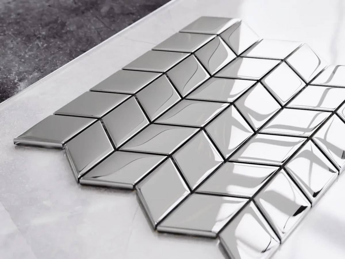 MOZAIKA SZKLANA CHEVRON ROMB SILVER SREBRNA CHROM METALIC – dekoracyjne do wnętrz – Szklane Mozaiki