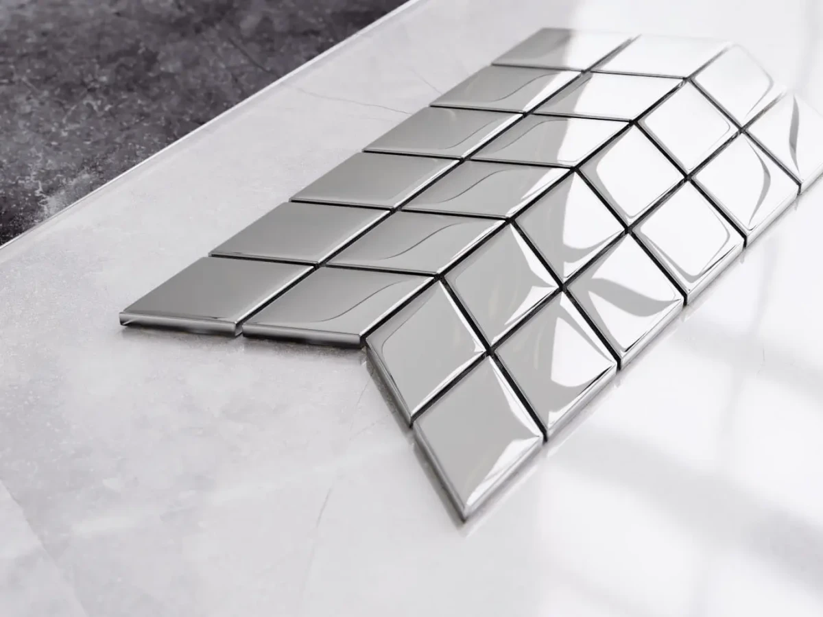 MOZAIKA SZKLANA DOUBLE CHEVRON ROMB SILVER SREBRNA CHROM METALIC – dekoracyjne do wnętrz – Szklane Mozaiki