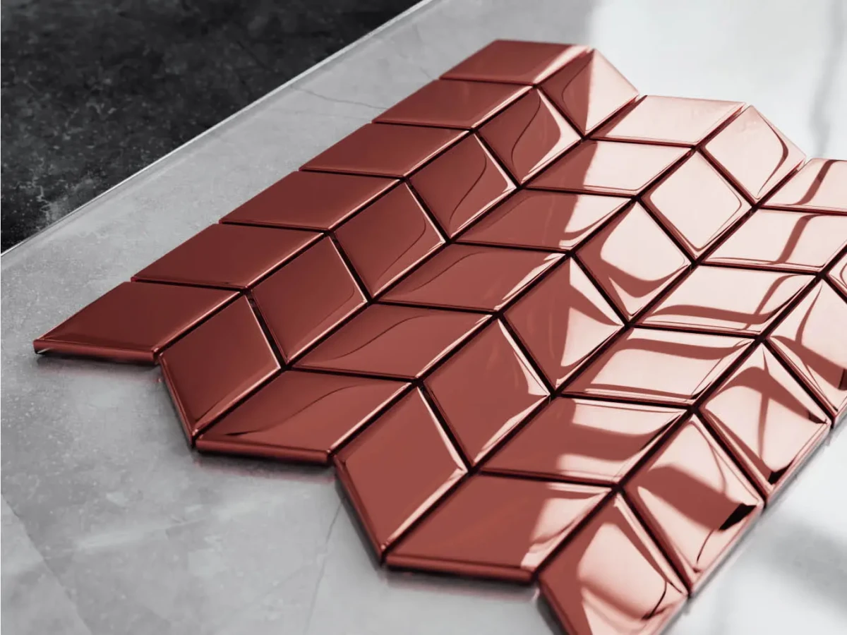 MOZAIKA SZKLANA CHEVRON ROMB COPPER ROSE METALIC – dekoracyjne do wnętrz – Szklane Mozaiki