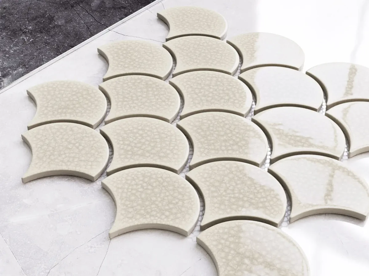 MOZAIKA CERAMICZNA FISH SCALE WHITE CREME – dekoracyjne do wnętrz – Szklane Mozaiki