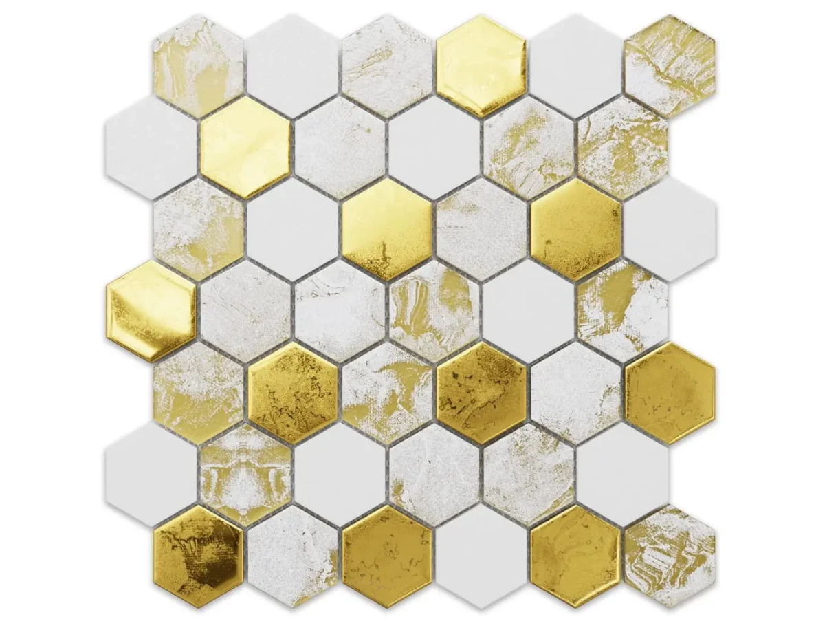 Mozaika ceramiczna Heksagon Volcano Gold White - szklanemozaiki.pl