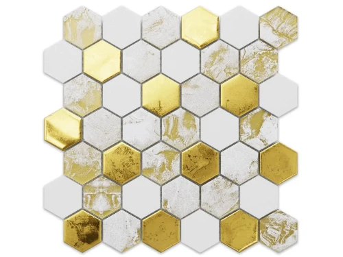 MOZAIKA SZKLANA HEKSAGON VOLCANO GOLD WHITE