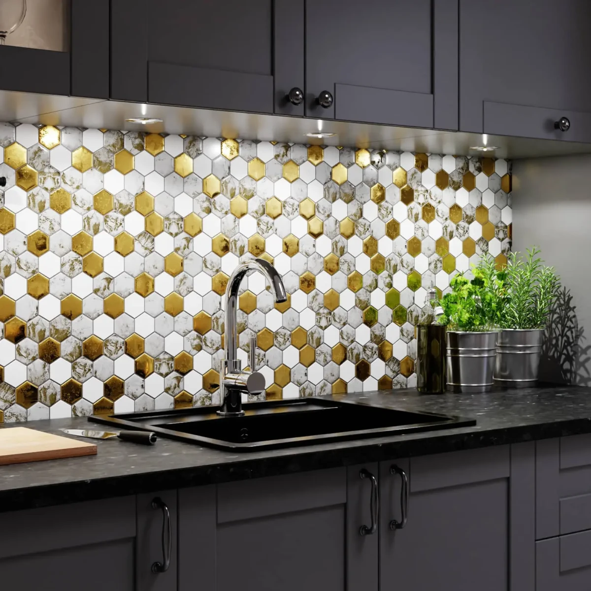 Mozaika ceramiczna Heksagon Volcano Gold White - szklanemozaiki.pl