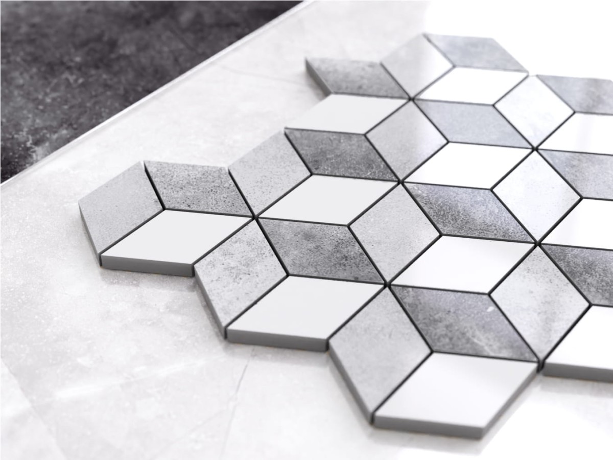 MOZAIKA GRESOWA DIAMOND ROMB BIAŁA SZARA 3D – dekoracyjne do wnętrz – Szklane Mozaiki