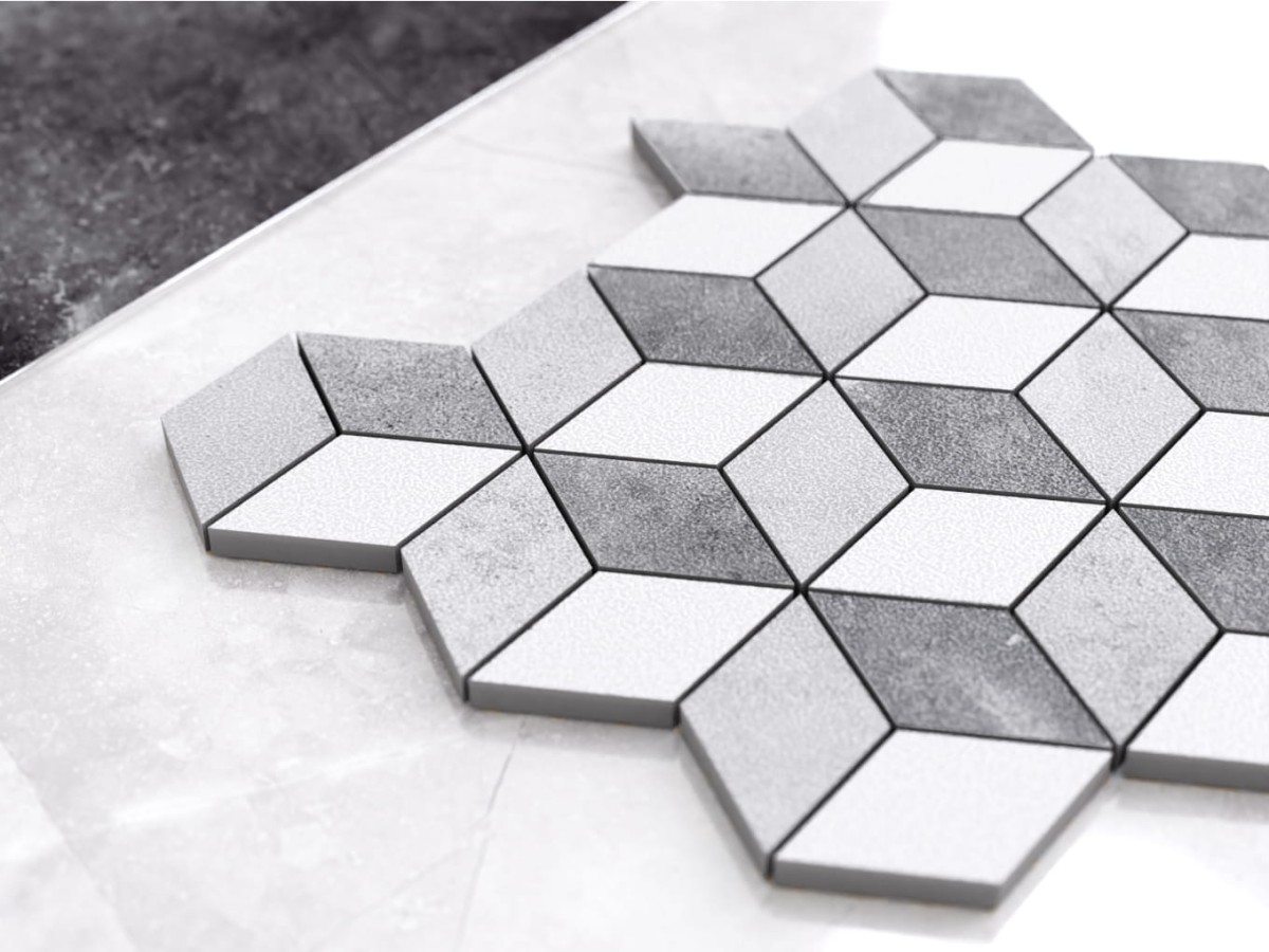 MOZAIKA GRESOWA DIAMOND ROMB BIAŁA SZARA 3D – dekoracyjne do wnętrz – Szklane Mozaiki