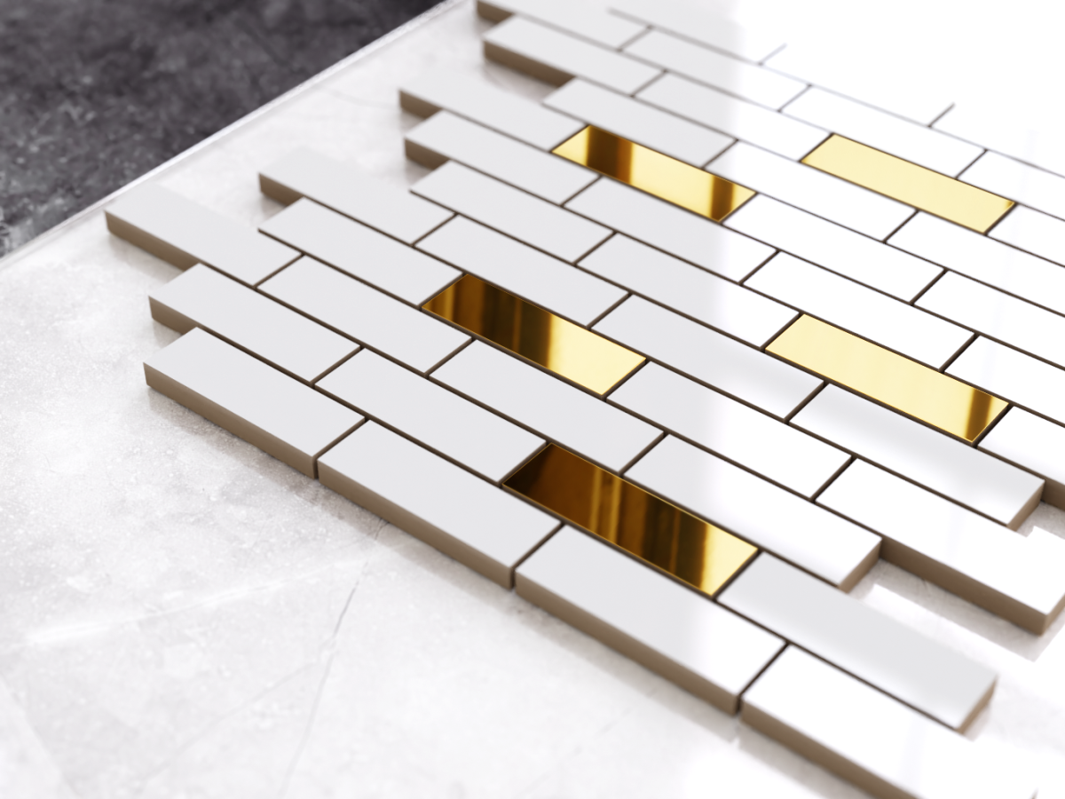 MOZAIKA CERAMICZNA BIAŁA WHITE POŁYSK GOLD CEGIEŁKA MUREK NIEREGULARNY – dekoracyjne do wnętrz – Szklane Mozaiki