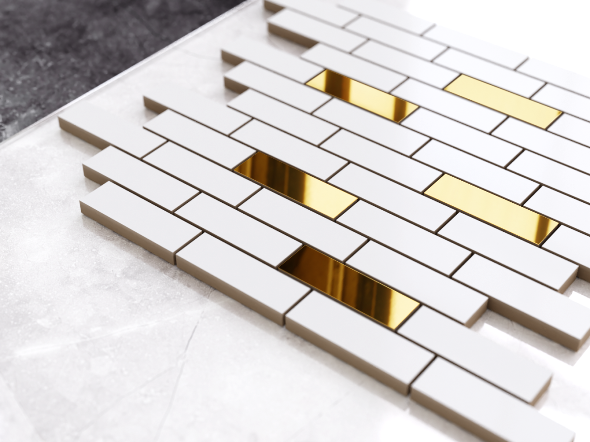 MOZAIKA CERAMICZNA BIAŁA WHITE MATOWA GOLD CEGIEŁKA MUREK NIEREGULARNY – dekoracyjne do wnętrz – Szklane Mozaiki