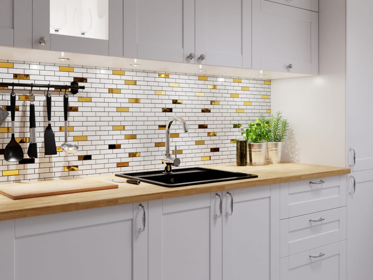 MOZAIKA CERAMICZNA BIAŁA WHITE MATOWA GOLD CEGIEŁKA MUREK NIEREGULARNY – dekoracyjne do wnętrz – Szklane Mozaiki