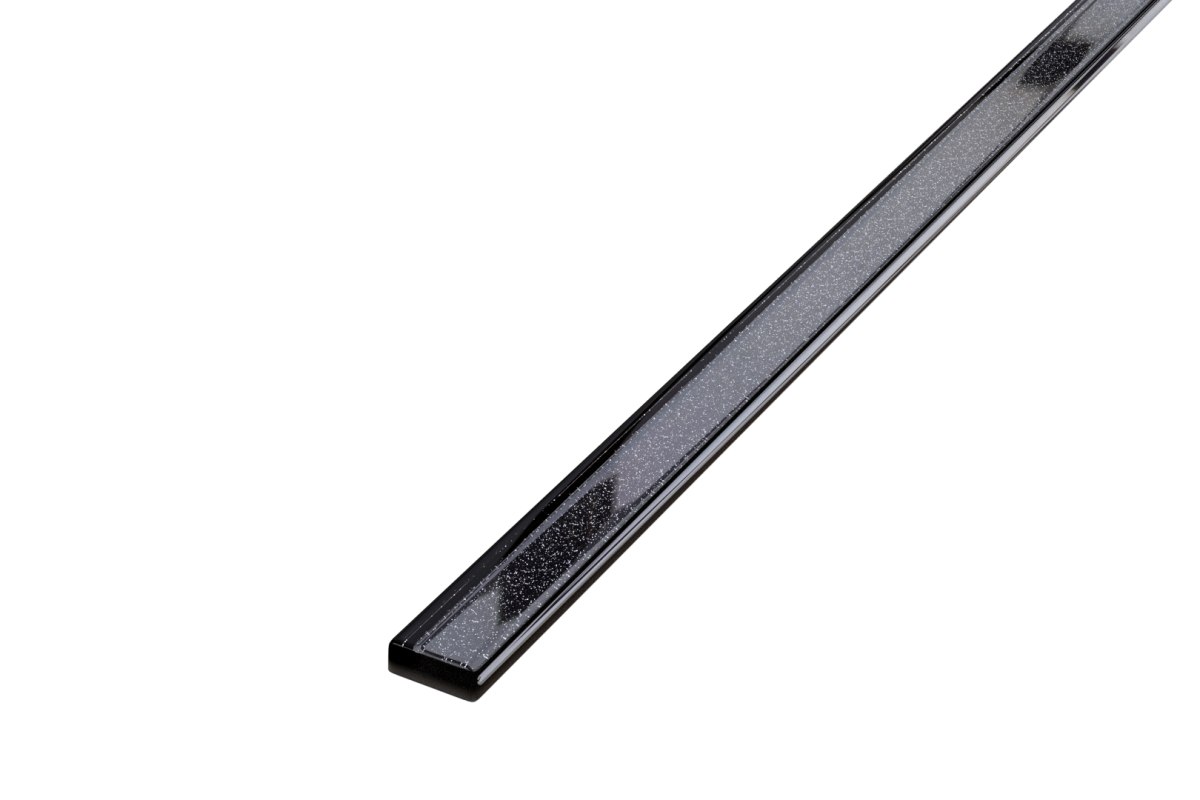 LISTWA SZKLANA CZARNA ZE SREBRNYM BROKATEM 2.3 x 60 cm  – dekoracyjne do wnętrz – Szklane Mozaiki