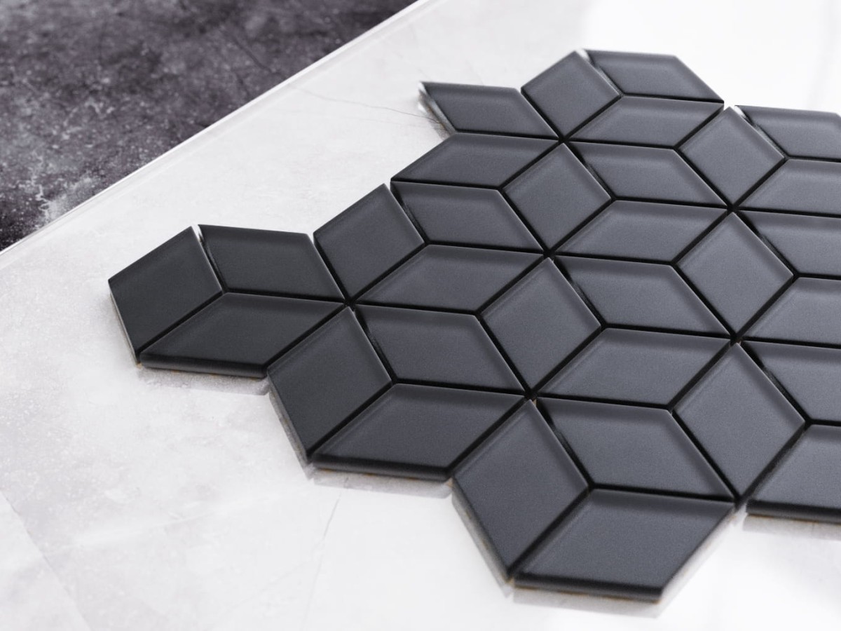 MOZAIKA SZKLANA ROMB DIAMOND CZARNA NERO SOFT BLACK – dekoracyjne do wnętrz – Szklane Mozaiki