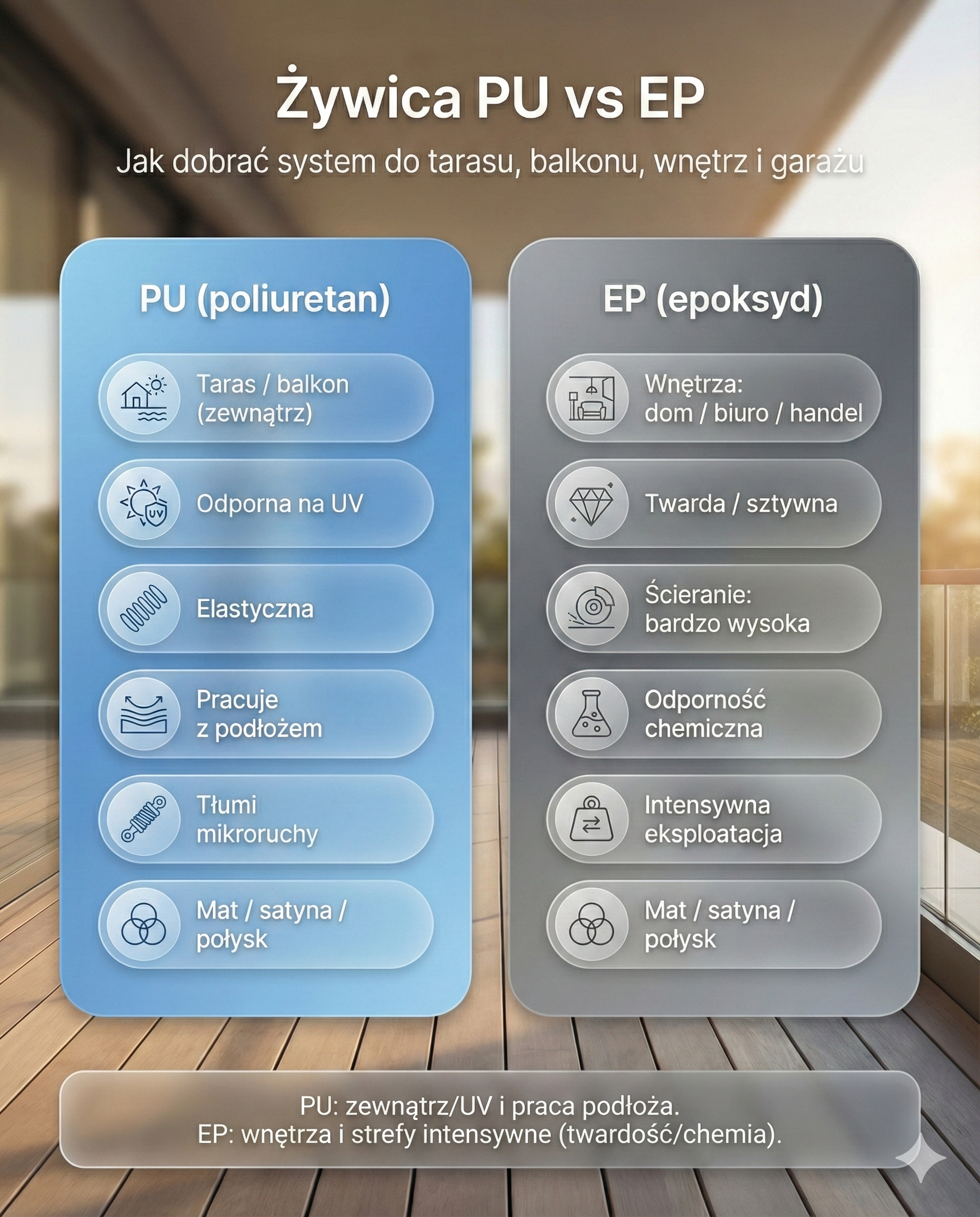 Porównanie: żywica poliuretanowa (PU) vs żywica epoksydowa (EP) – taras, balkon, wnętrza i garaż