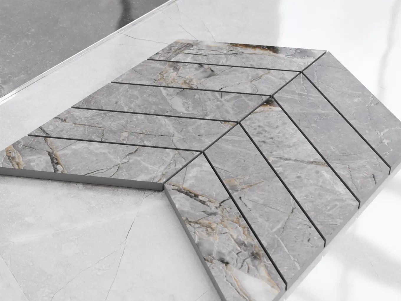 Mozaika Chevron szary marmur satyna – jodełka francuska w aranżacji modern classic