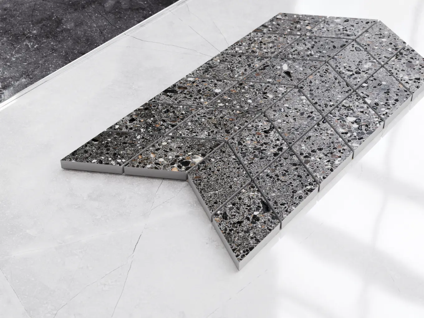 Double Chevron Grey Terrazzo – detal powierzchni terrazzo i układu lameli