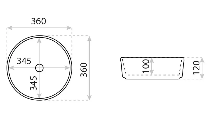 Mismo – rysunek techniczny okrągłej umywalki nablatowej 360 × 360 × 120 mm