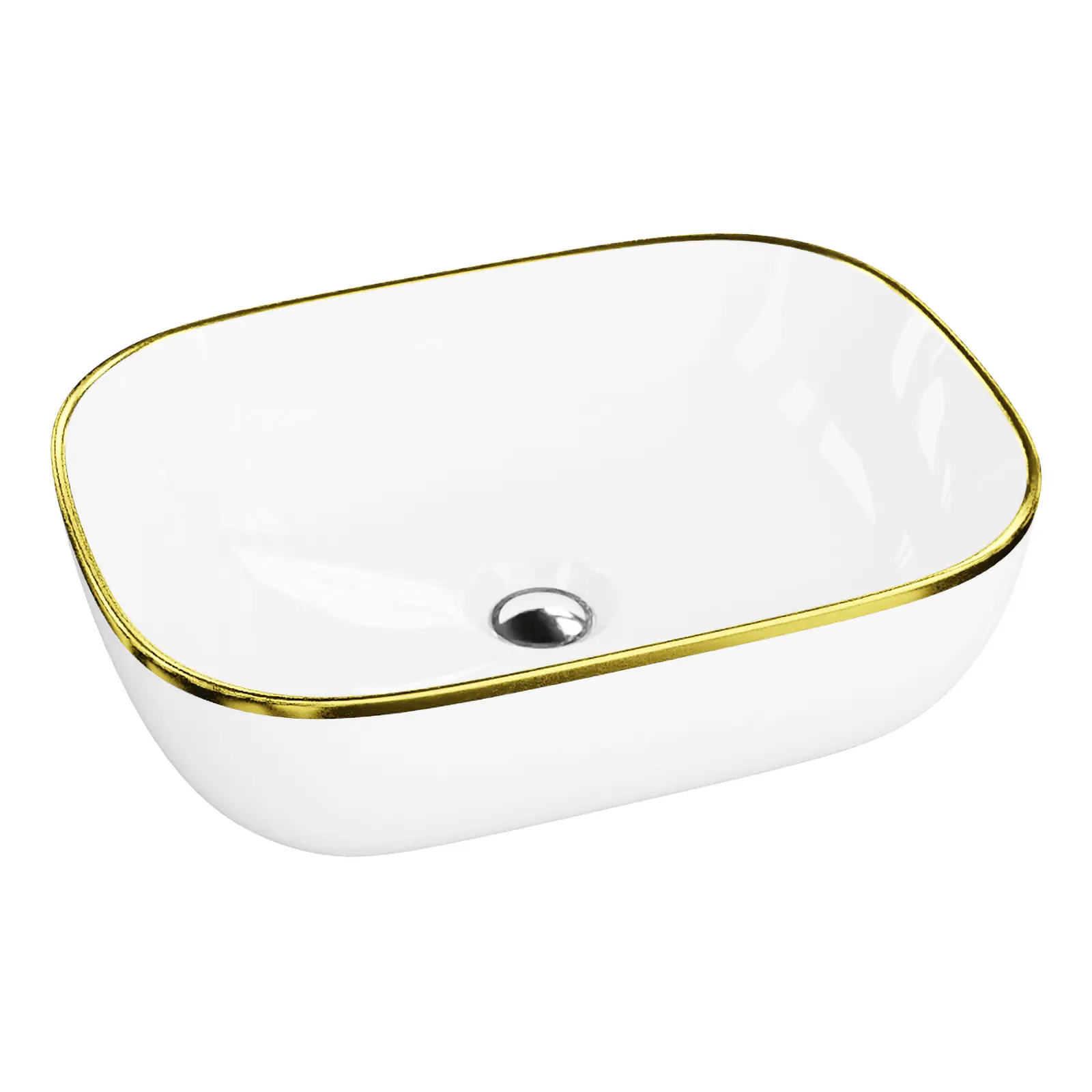 Umywalka nablatowa Ganancia Gold Line 46×32,5 – biała porcelana połysk ze złotym rantem