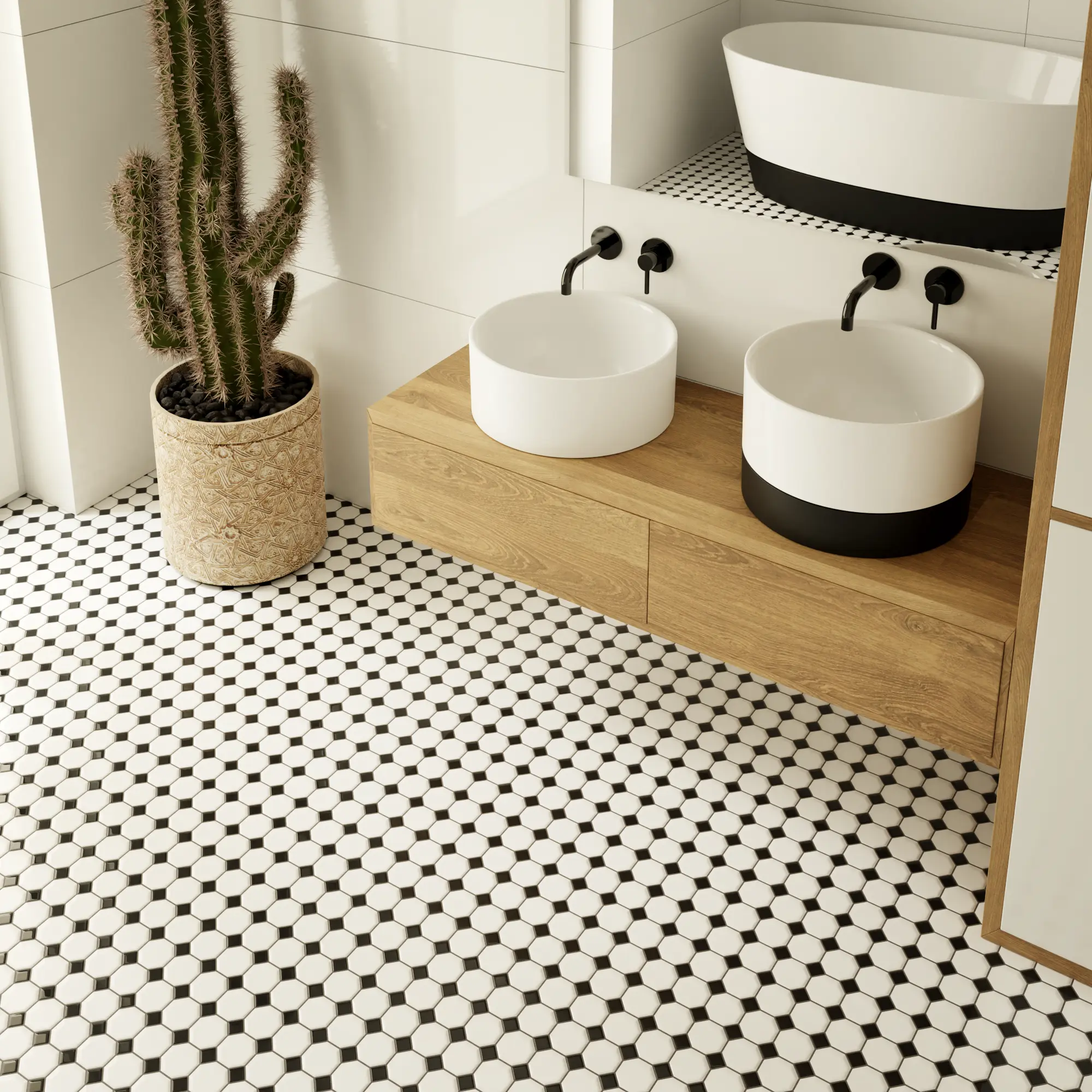Mozaika Octagon White Classic Mat na backsplashu w kuchni — przykład aranżacji