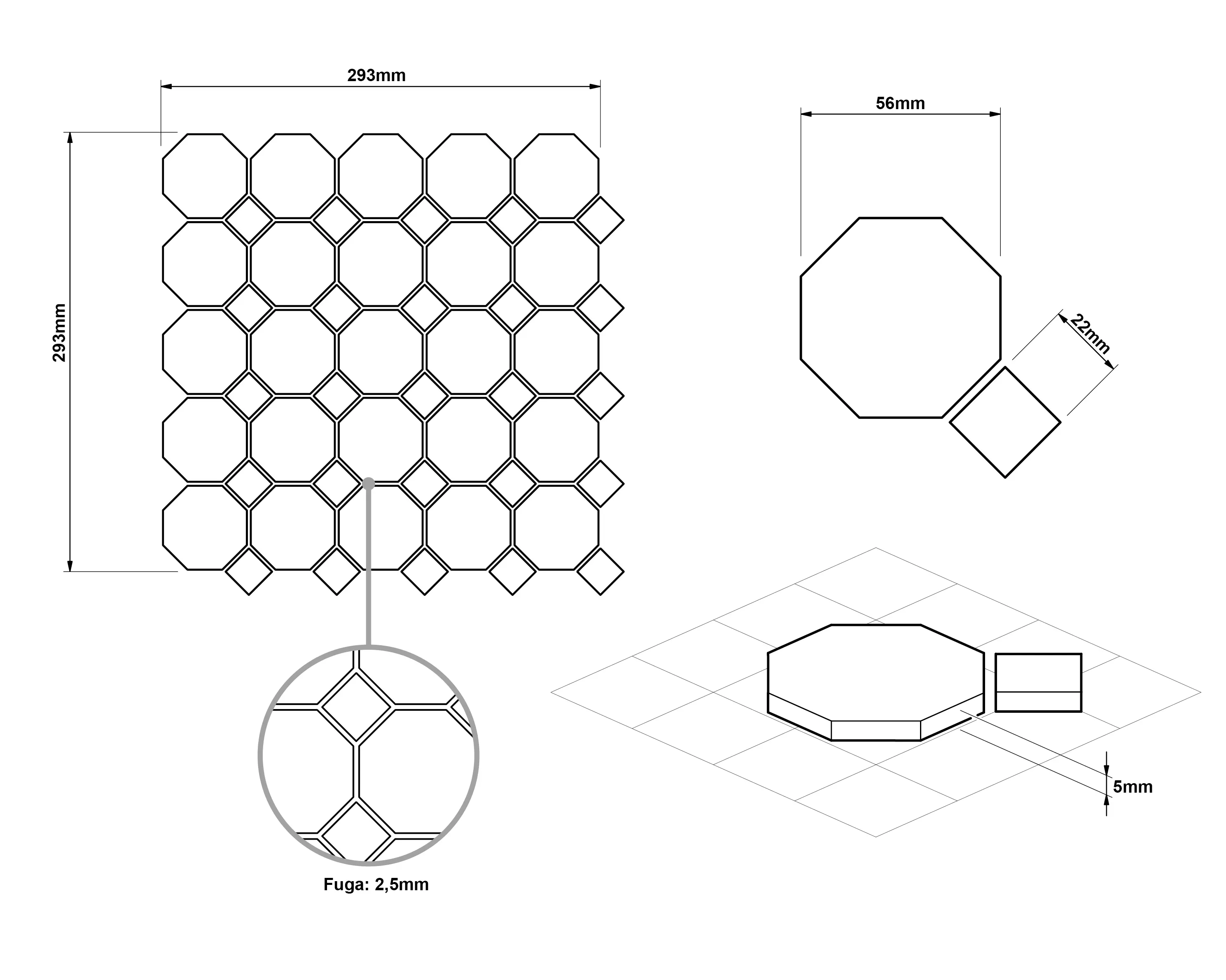 Mozaika Octagon White Classic Mat — detale produktu